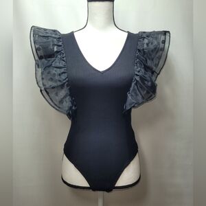Flying Tomato Ribbed Organza Sleeve V-Neck Bodysuit